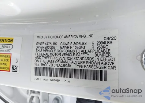 2020 Honda Accord Sport 2.0T z USA, uszkodzony, nr VIN 1HGCV2F37LA029250